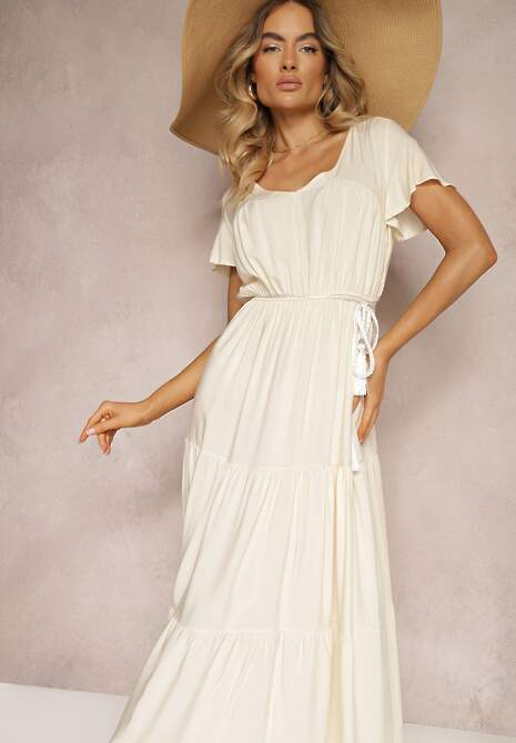 Jasnobeżowa Sukienka z Wiskozy o Rozkloszowanym Kroju z Falbanami Jonmy