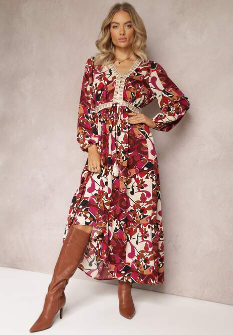 Bordowa Maxi Rozkloszowana Sukienka z Cekinami i Haftowaną Tasiemką Aceija