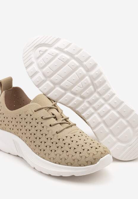 Ciemnobeżowe Sneakersy Ozdobione Ażurowym Wzorem Sareldi