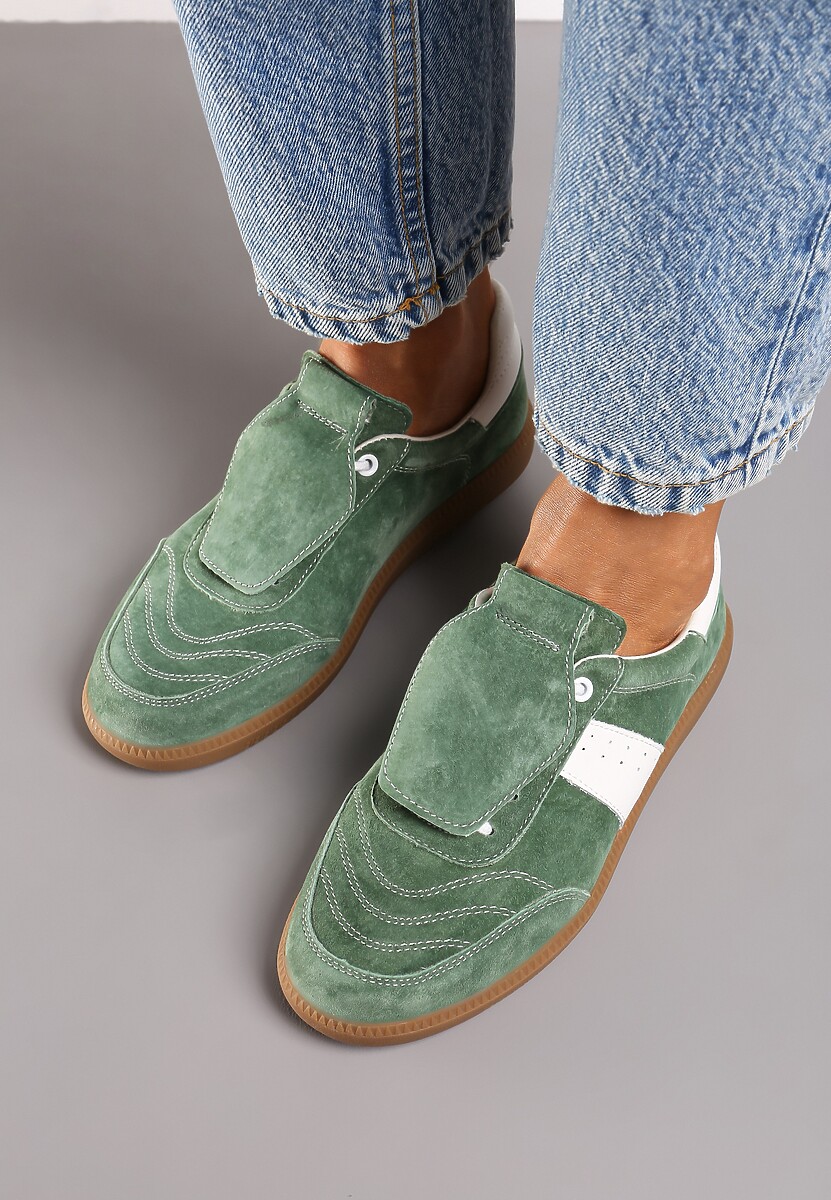Zielono-Białe Sneakersy na Płaskiej Podeszwie ze Skóry Wykończone Zamszową Wstawką Milirae