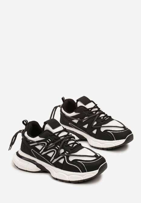 Czarne Sneakersy z Ozdobnym Sznurkiem i Wstawkami Nivolea