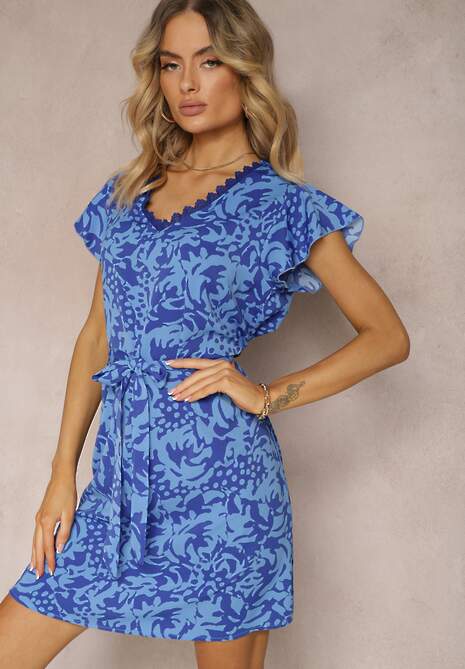 Niebiesko-Granatowa Sukienka z Dekoltem z Siateczką z Krótkim Rękawem i Materiałowym Paskiem Mleasa