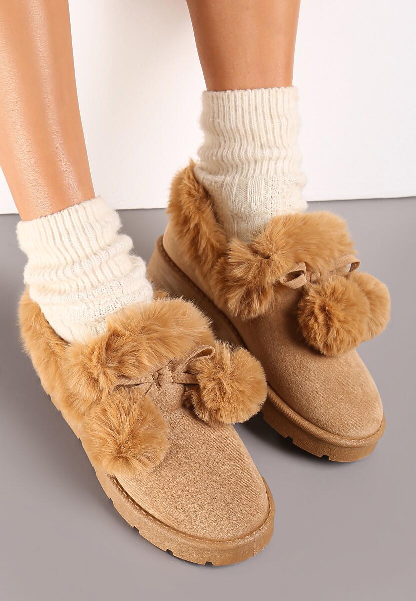 Ciemnobeżowe Śniegowce przed Kostkę na Platformie z Futerkiem Tolonno