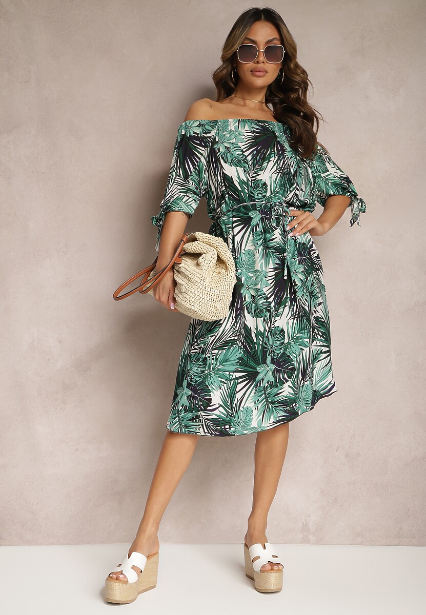 Granatowo-Zielona Sukienka Hiszpanka Bawełniana z Materiałowym Paskiem Wiązana przy Rękawach Daritia