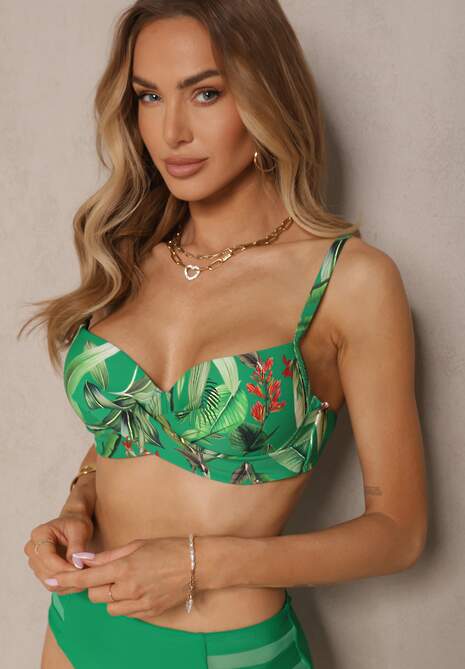 Zielone Bikini Biustonosz w Liście i Majtki Figi z Siateczkowymi Wstawkami Kinalea