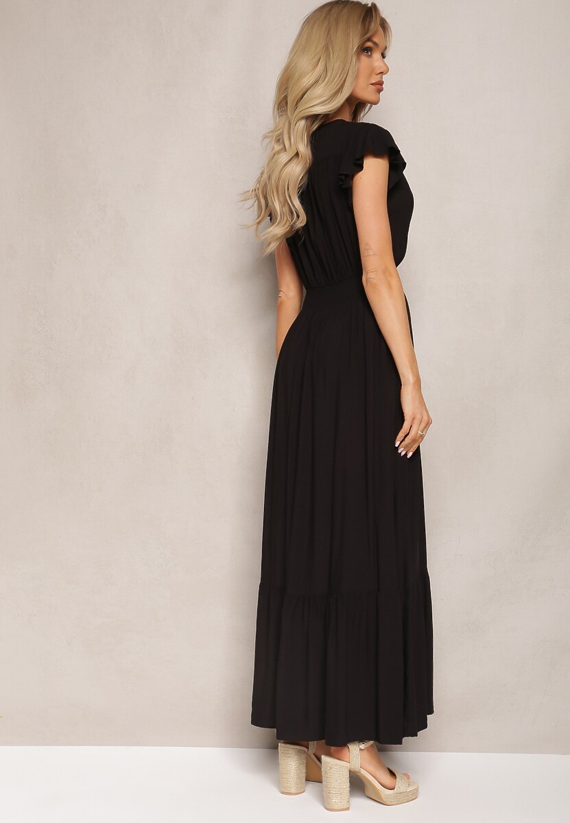 Czarna Rozkloszowana Sukienka Maxi z Bawełny o Kopertowym Kroju Asmerie