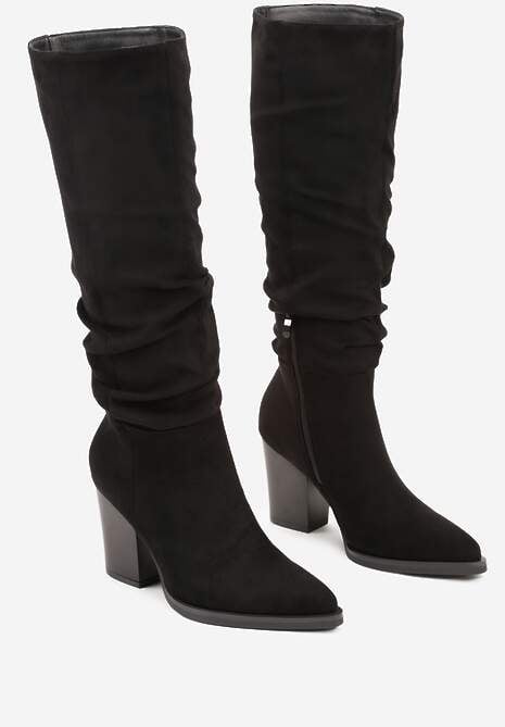 Czarne Ekozamszowe Kozaki na Słupkowym Obcasie z Ozdobnie Marszczoną Cholewką Reaelora