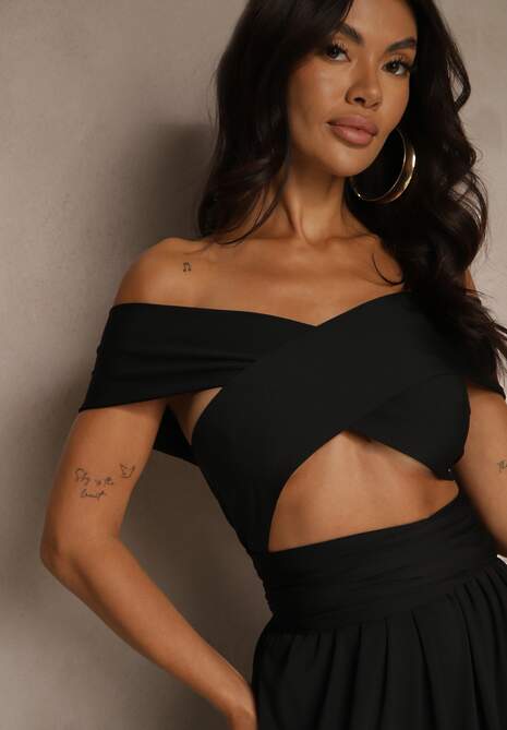 Czarna Sukienka Koktajlowa Multiway z Wiskozą Wiązana na Szyi Lilovea