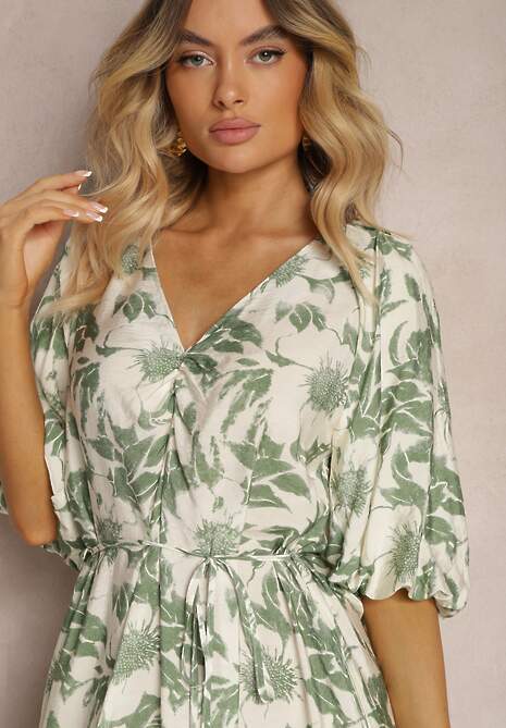 Zielono-Biała Wiskozowa Sukienka Wiązana w Talii z Ozdobnymi Rękawami Nanea
