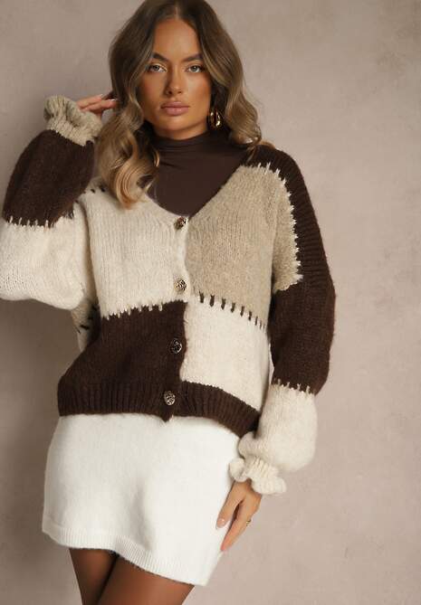 Brązowy Oversizowy Kardigan w Patchworkowym Stylu z Guzikami i Domieszką Wełny Atavita