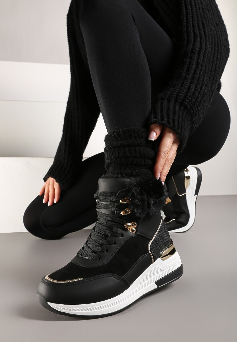 Czarne Futerkowe Sneakersy na Koturnie z Metalicznymi Wstawkami Kaithrin