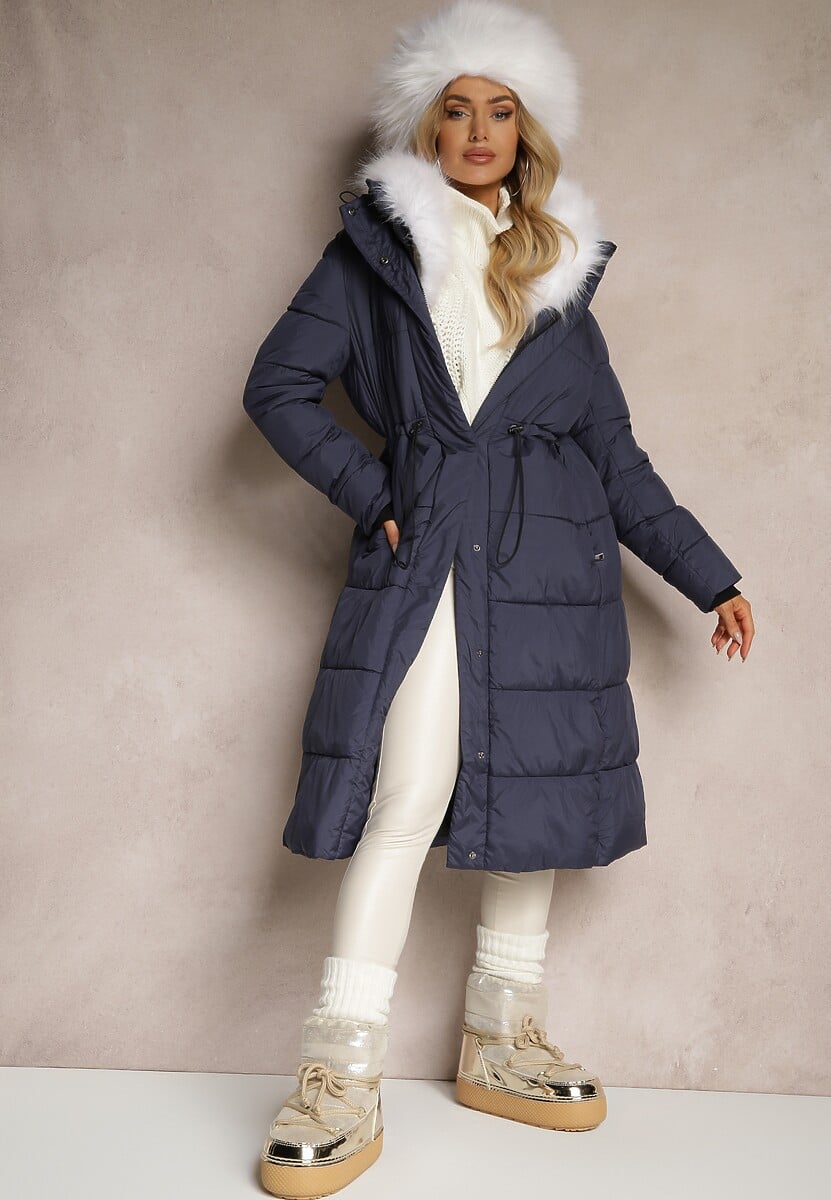 Granatowa Pikowana Kurtka Płaszcz z Kapturem i Gumką w Pasie Elastia