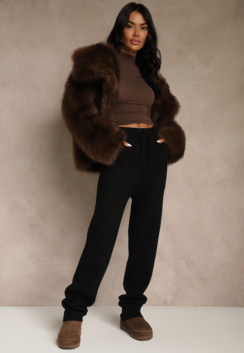 Czarne Spodnie z Wełną ze Sznurkiem i Ozdobnymi Kieszeniami Moneressa