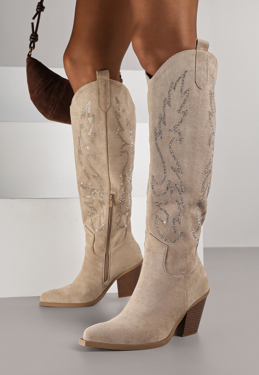 Ciemnobeżowe Kozaki Kowbojki na Stożkowym Obcasie Zdobione Cyrkoniami Nalera