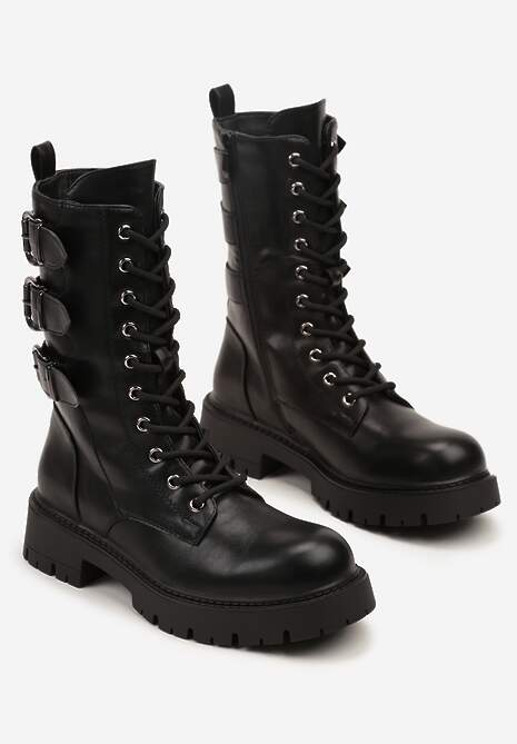 Czarne Botki Typu Workery Zdobione Sprzączkami Therrie