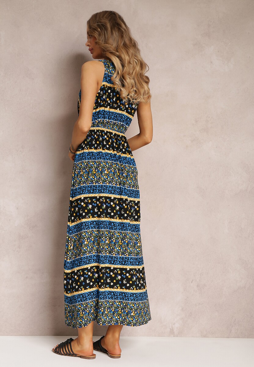 Czarno-Granatowa Sukienka z Wiskozy Maxi w Fantazyjny Print Cannida