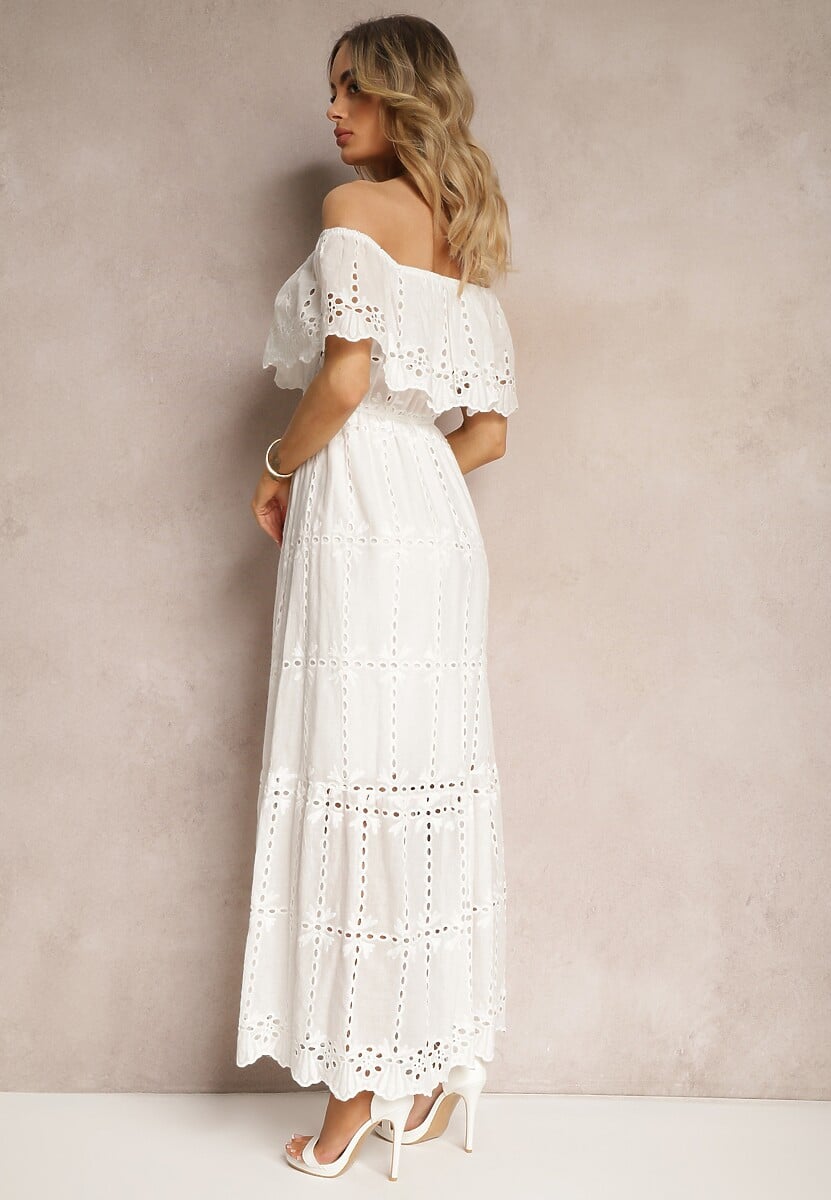 Biała Rozkloszowana Sukienka z Falbankami Typu Hiszpanka Vianelle