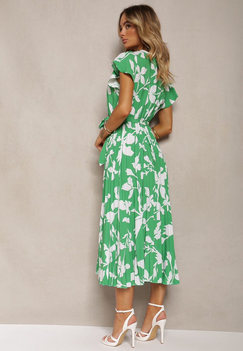 Zielona Sukienka z Kopertowym Dekoltem Plisowanym Dołem Wykończona w Talii Paskiem i Gumką Elsavia