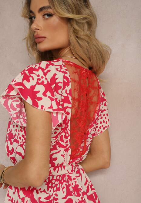 Czerwono-Beżowa Sukienka z Dekoltem z Siateczką z Krótkim Rękawem i Materiałowym Paskiem Mleasa