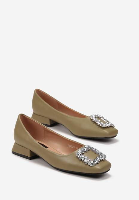 Zielone Czółenka z Kwadratowym Noskiem i Ozdobnymi Kryształkami Milkone