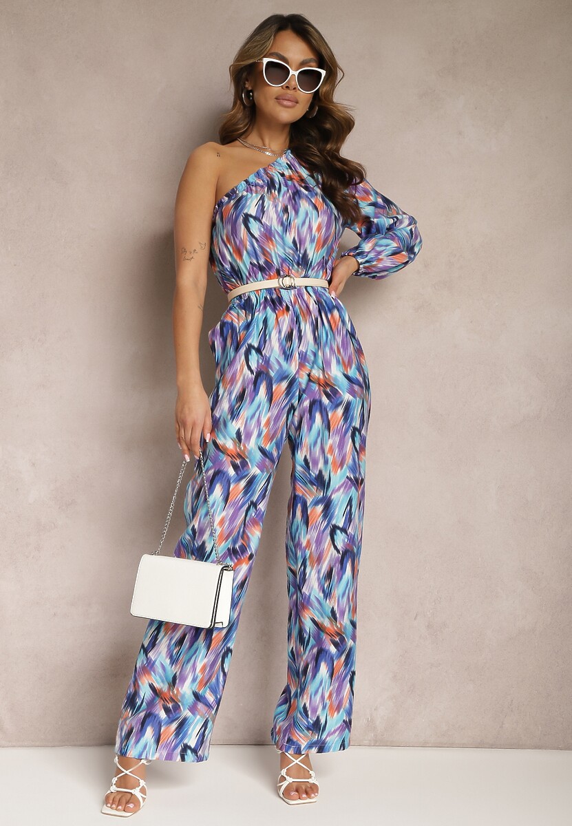 Niebieski Asymetryczny Kombinezon na Jedno Ramię z Długimi Nogawkami Ovaltia