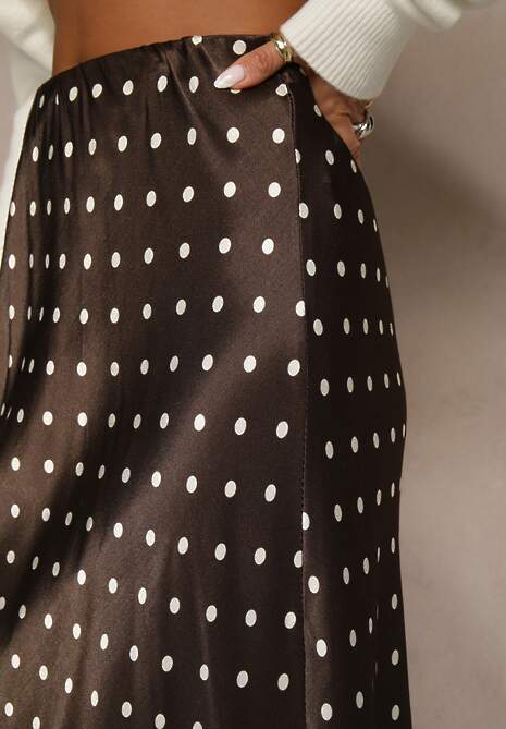 Brązowa Spódnica z Wiskozy High Waist Ozdobiona Kropkami i Koronką Monivia