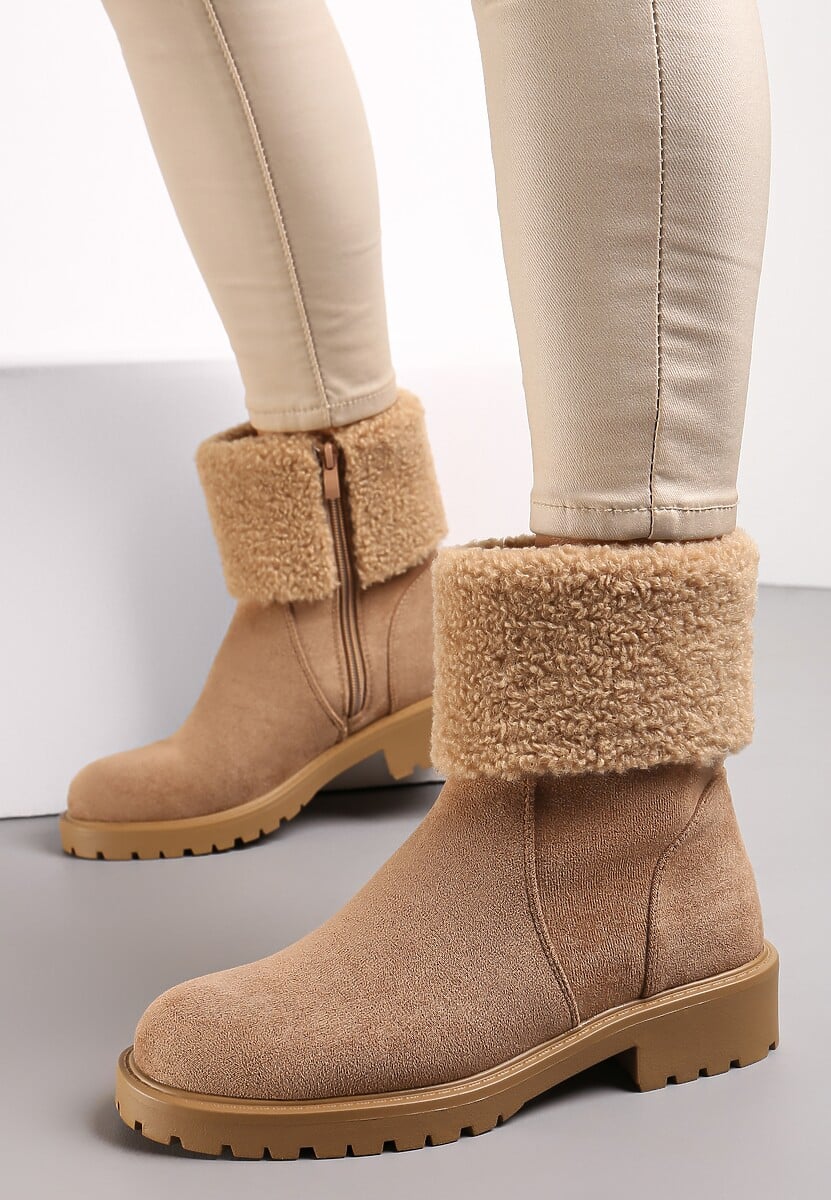 Brązowe Botki za Kostkę z Kożuszkiem Kurconne