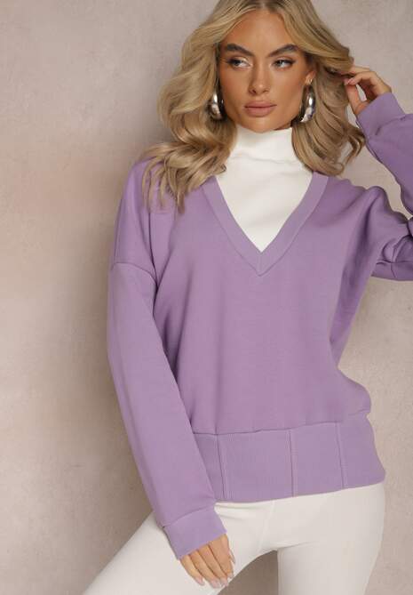 Jasnofioletowa Bawełniana Bluza z Trójkątnym Dekoltem Hydralia