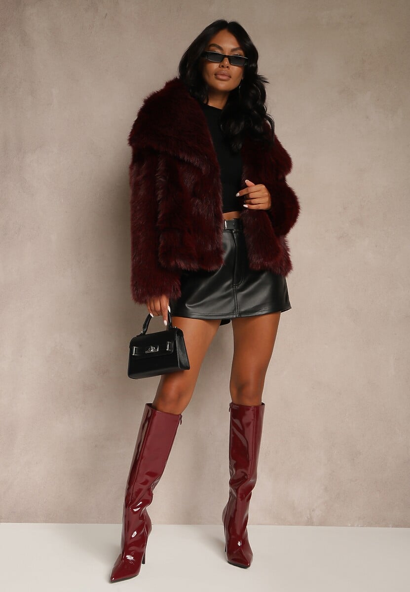 Bordowa Kurtka Futro z Długim Włosiem Zelita