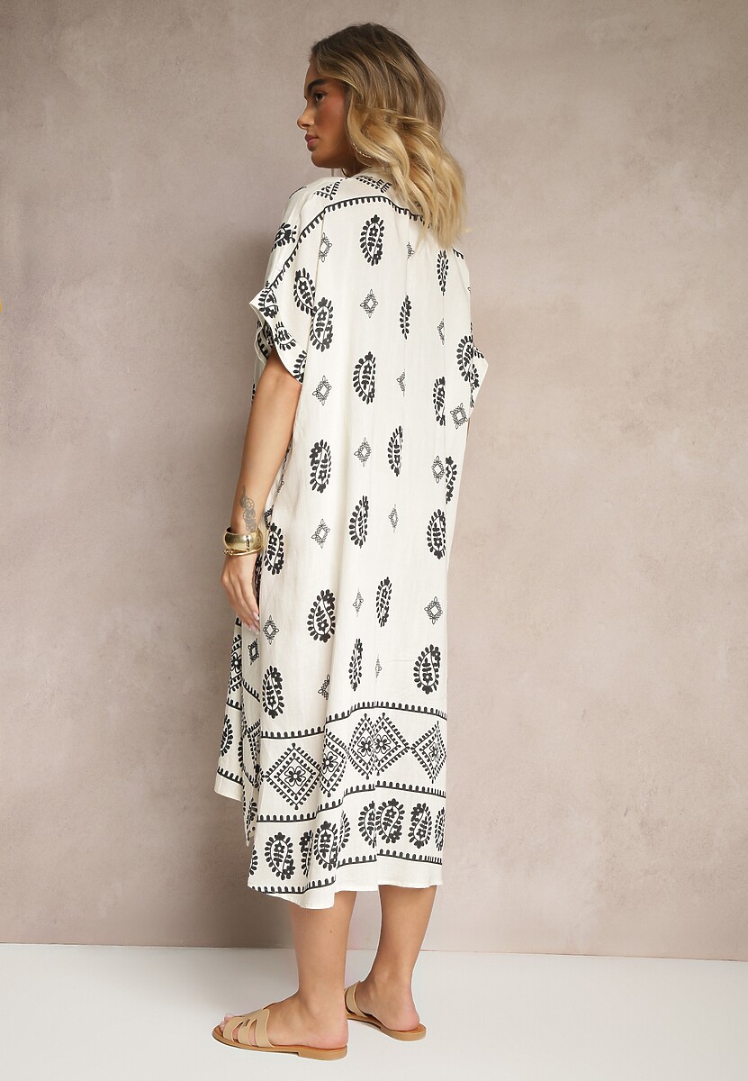Czarno-Kremowa Sukienka z Wiskozy w Stylu Boho o Pudełkowym Kroju z Rozcięciami Virbia