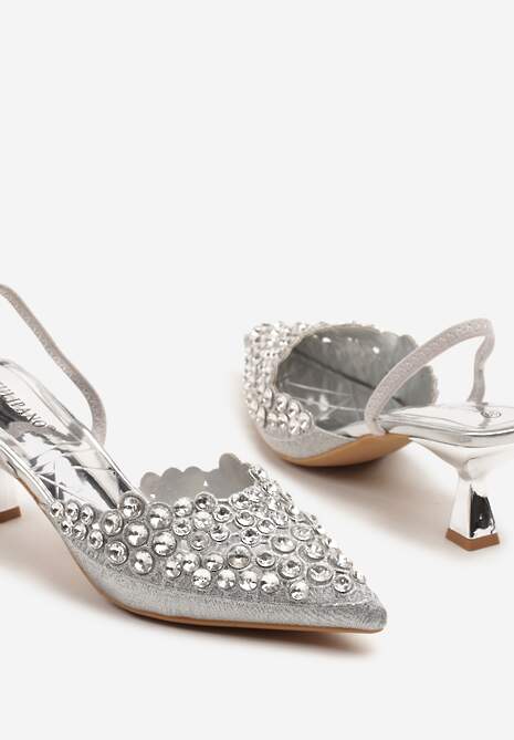 Srebrne Sandały z Kryształkami na Obcasie Kaczuszka Lenavia