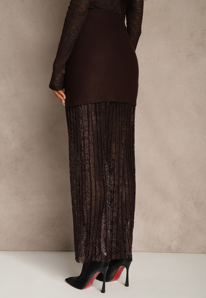 Brązowa Spódnica z Dzianiny z Wiskozą z Koronkowym Dołem Zdobiona Guzikami Sewune