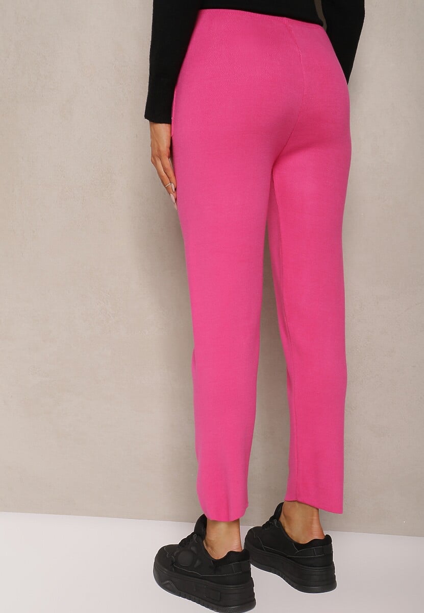 Fuksjowe Spodnie z Bawełną High Waist Ozdobione Sznurkiem Venaline