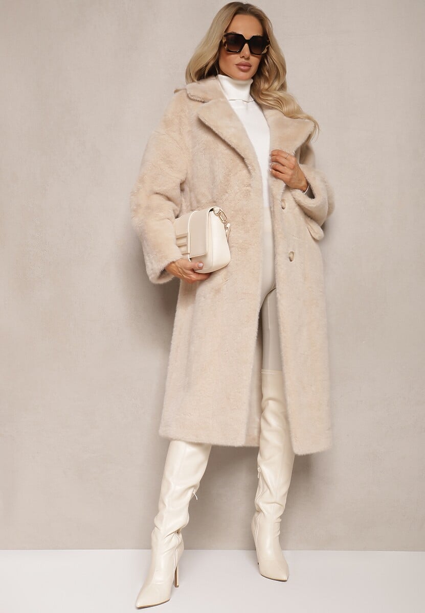 Beżowy Płaszcz z Futra z Zapięciem na Guziki i Wsuwanymi Kieszeniami Paritha
