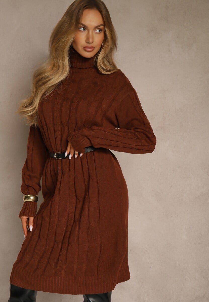 Jasnobeżowa Sukienka Sweterkowa z Golfem Wełną  Bawełną i Ozdobnym Splotem Reilenea