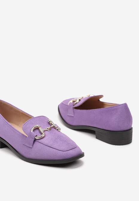 Fioletowe Casualowe Mokasyny na Płaskiej Podeszwie Ozdobione Klamrą i Cyrkoniami Pioleta