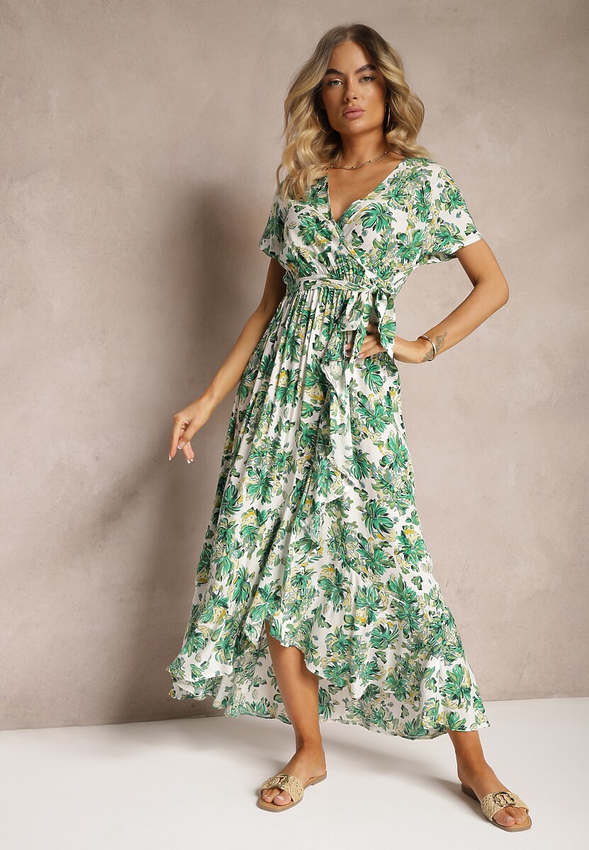 Pomarańczowa Rozkloszowana Sukienka z Wiskozy z Gumką w Pasie i Materiałowym Paskiem Vikllia