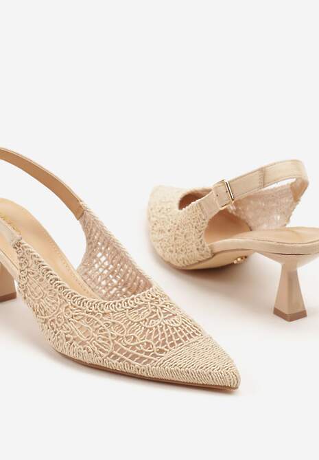 Beżowe Haftowane Sandały Vices na Szpilce Typu Slingback Atesia