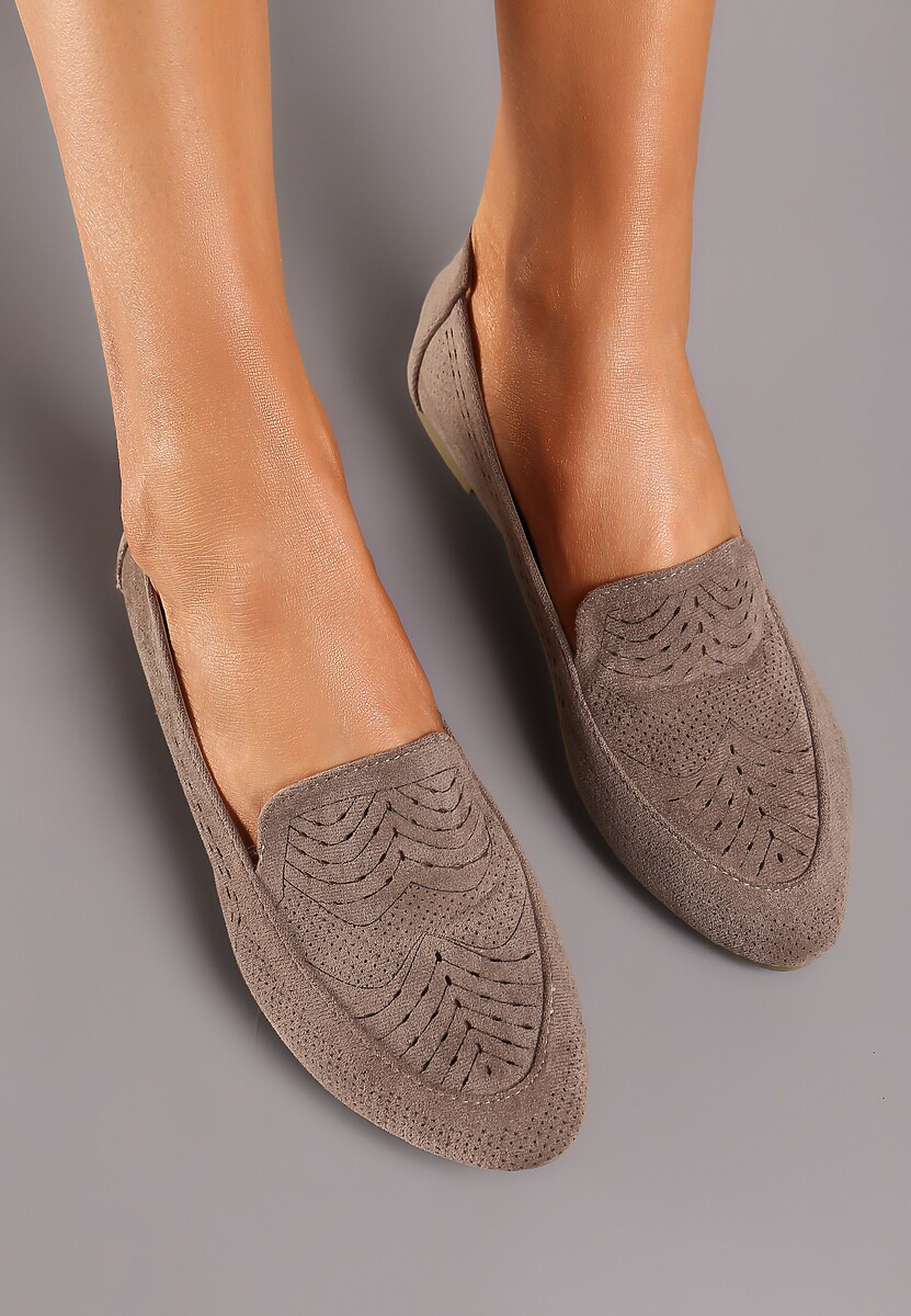 Ciemnobeżowe Ażurowe Mokasyny Balerinki z Wkładką ze Skóry Naturalnej Ollana