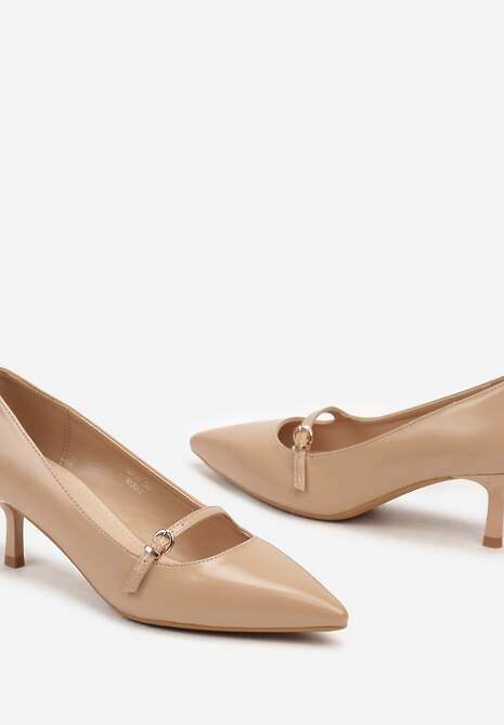 Ciemnobeżowe Czółenka Kaczuszki Wykończone Ozdobnym Paskiem z Klamrą Merilorae