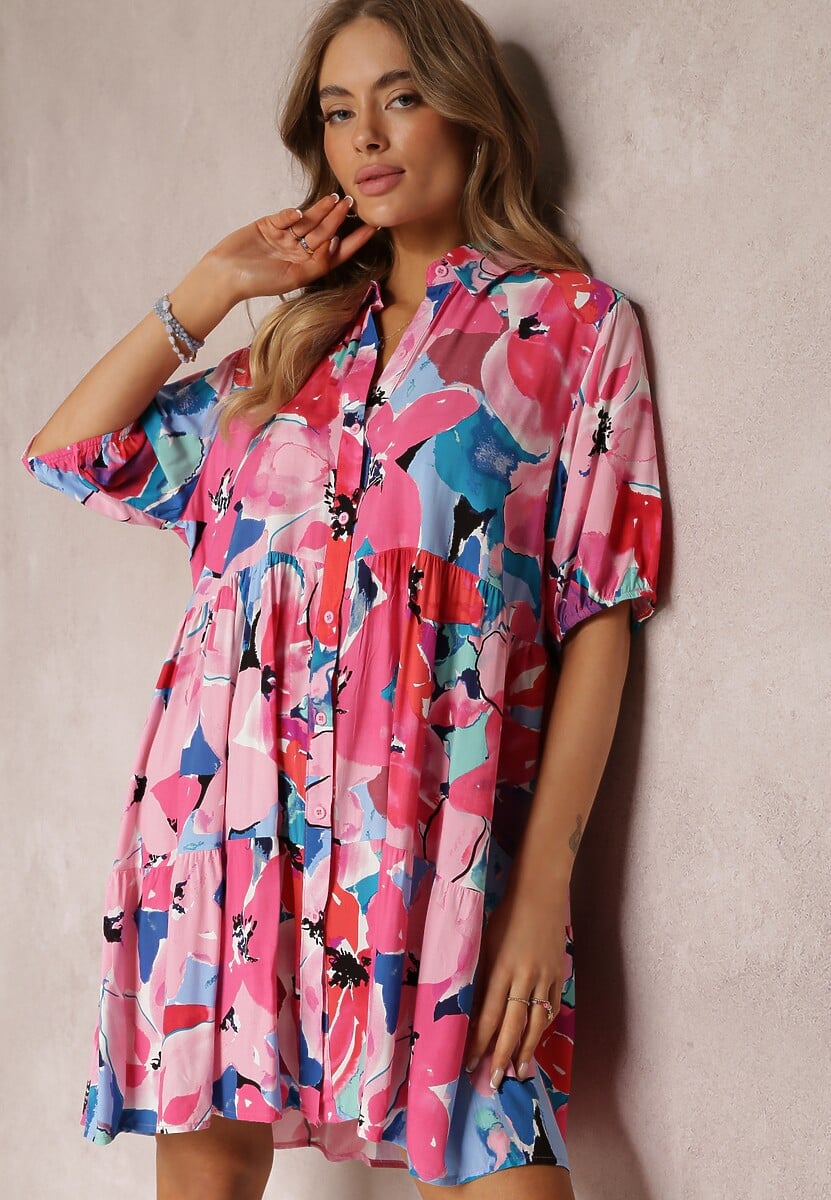 Różowa Koszulowa Sukienka Mini z Wiskozy z Falbaną na Dole Yalle