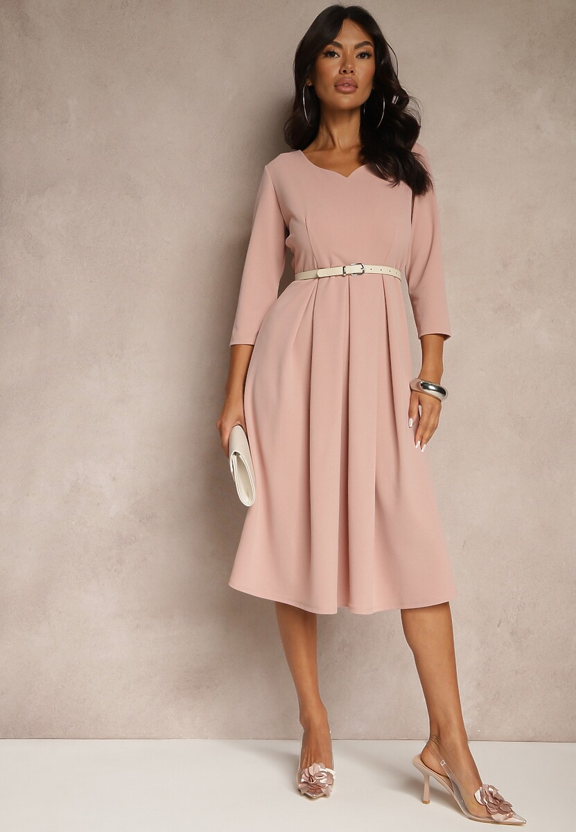 Jasnoróżowa Sukienka o Rozkloszowanym Kroju z Rękawem Długości 3/4 Nomini