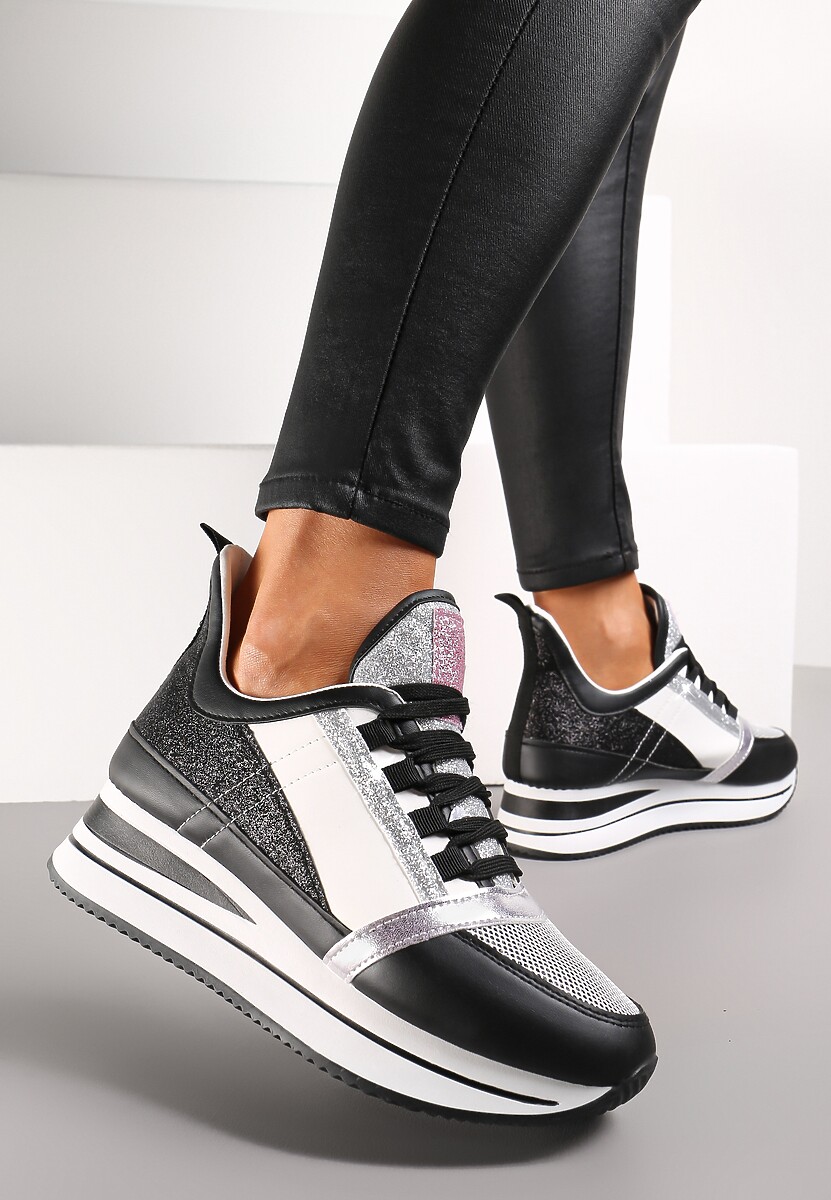 Beżowe Płaskie Sneakersy na Grubej Podeszwie ze Sznurowaniem Ozdobione Brokatem Krisfina