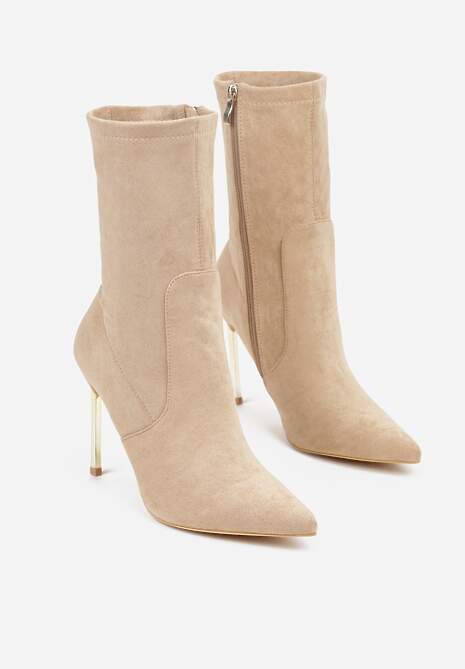 Beżowe Botki na Szpilce Ozdobione Metaliczną Wstawką Amiltia