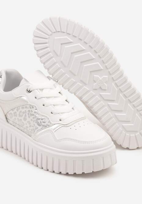 Białe Sneakersy na Platformie z Tłoczeniem Ozdobione Panterką i Perforacją Udivaya