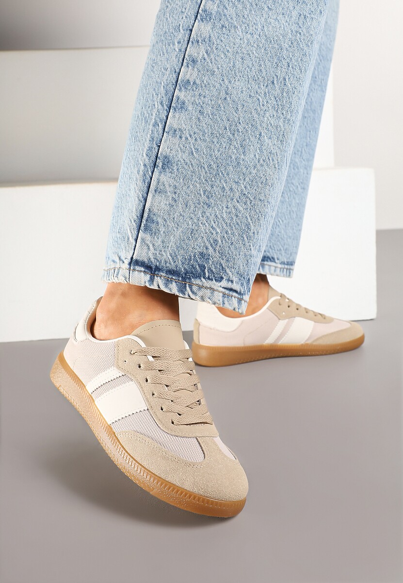 Ciemnobeżowe Sneakersy na Kauczukowej Podeszwie Ozdobione Paskami Emidi