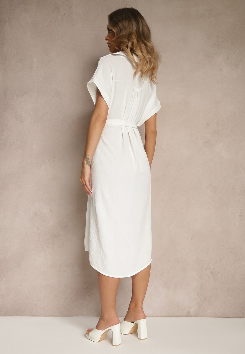 Biała Pudełkowa Sukienka z Bawełną i Paskiem Savorienne