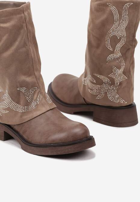 Ciemnobeżowe Płaskie Botki Ozdobione Cyrkoniami i Wywiniętą Cholewką Lemilia