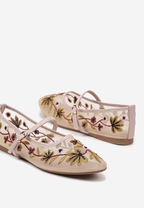 Różowe Siateczkowe Balerinki z Florystycznym Haftem i Paskiem na Sprzączkę Danirna