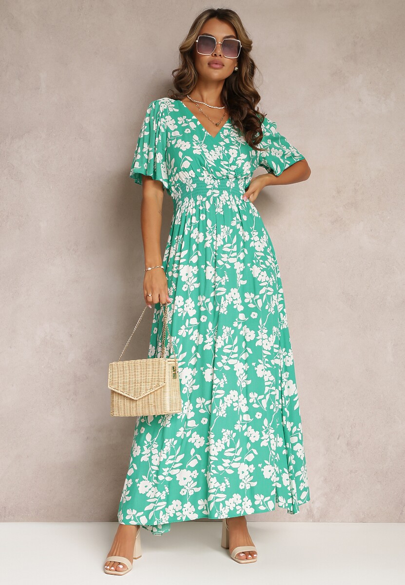 Zielona Kopertowa Sukienka Maxi z Gumką w Pasie i Wiązaniem na Plecach Dangela